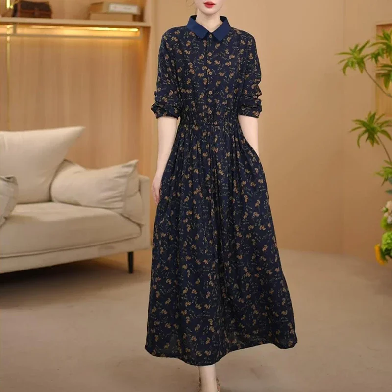 Women Retro Floral Cotton Linen Dress Turn Down Collar Long Sleeve Waist Tight Elegant Slim Long Dress For Autumn