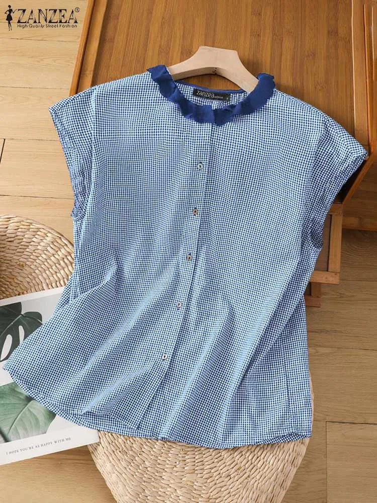 ZANZEA Casual allentato coreano Chic Blusas donna Plaid Y2K camicetta moda volant colletto camicie moda estate Cap manica top tunica