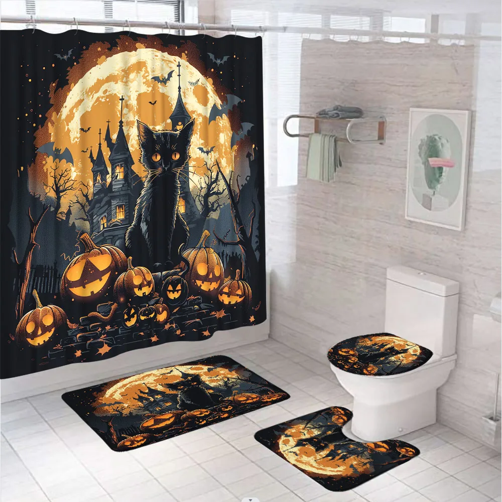 Funny Halloween Cat Shower Curtain Set Spooky Bat Pumpkin Black Starry Sky Full Moon Castle Bathroom Decor Toilet Bath Mat Rug