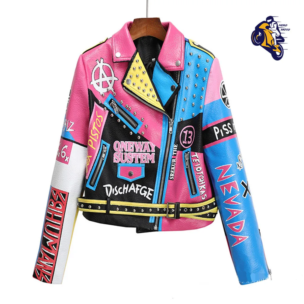 

Women's Motorcycle Leather Jacket PU Material Punk Jacket Colorful Woman's Biker Coat Long Rivet Motorcycle Jacket Small Size
