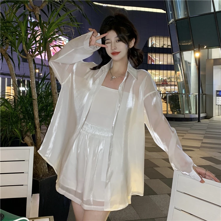 Sympony Hologram Holographic See Through Soft Reflectiv Sunscreen Sunproof Shirts Summer Thin Long Sleeve Glossy Suit