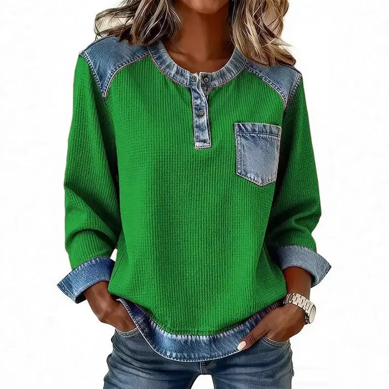 

Women's Denim Patchwork Long Sve round Ne Top Button ket Independent Station Simulation Jeans Soft Medium Bright Tead