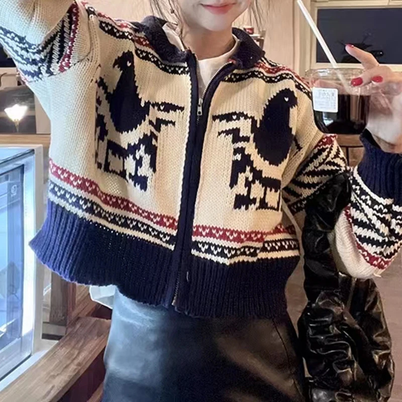 

New Long Sleeved Printed Zipper Cardigan Sweater Korean Retro Women Autumn/winter Casual Loose Knitted Short Cardigan Jackets