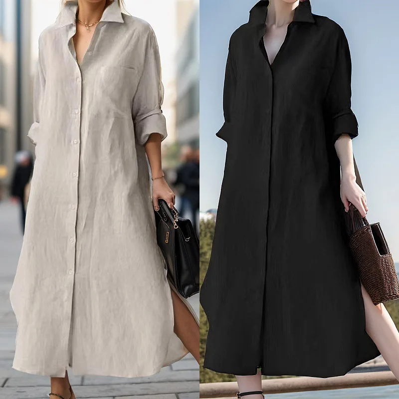 Women Elegant Turn-down Collar Long Dress Casual Female Slit A-Line Dress Solid Color Fashion Single-breasted Loose Shirt Dress