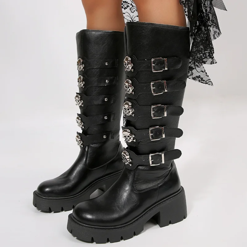 

Gothic Metal Skull Thick Bottom Knee High Boots Winter Punk Metal Buckle Black Leather Long Boots High Heel Motorcycle Boots