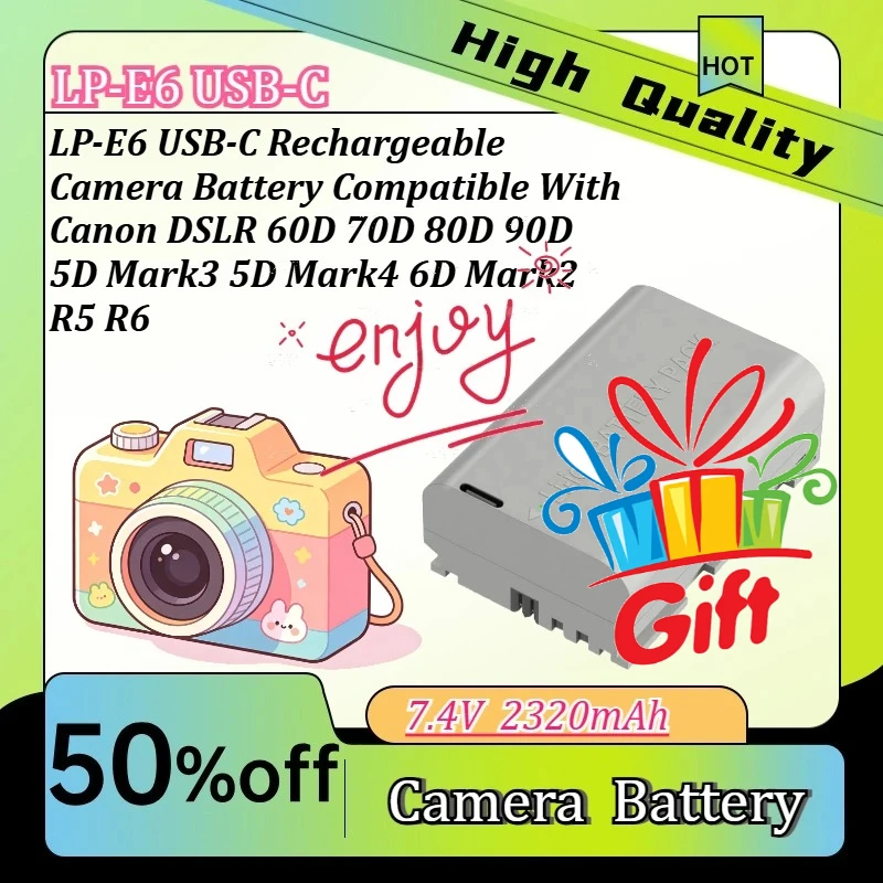 Type-C LP-E6  Rechargeable Camera Battery For Canon DSLR 90D 60D 80D 70D  5D Mark3 5D Mark4 6D Mark2  R6 R5