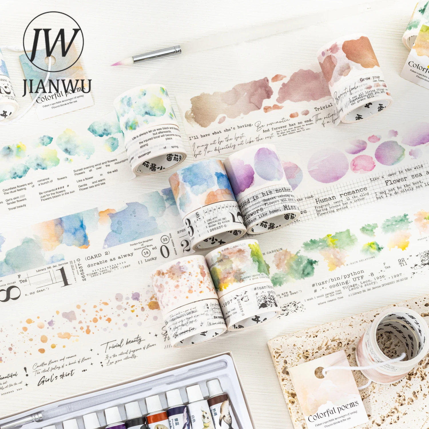 JIANWU 30mm/20mm*200cm Colorful Poem Series Vintage Watercolor Smudge Material Collage Tape Set  Creative DIY Journal Stationery