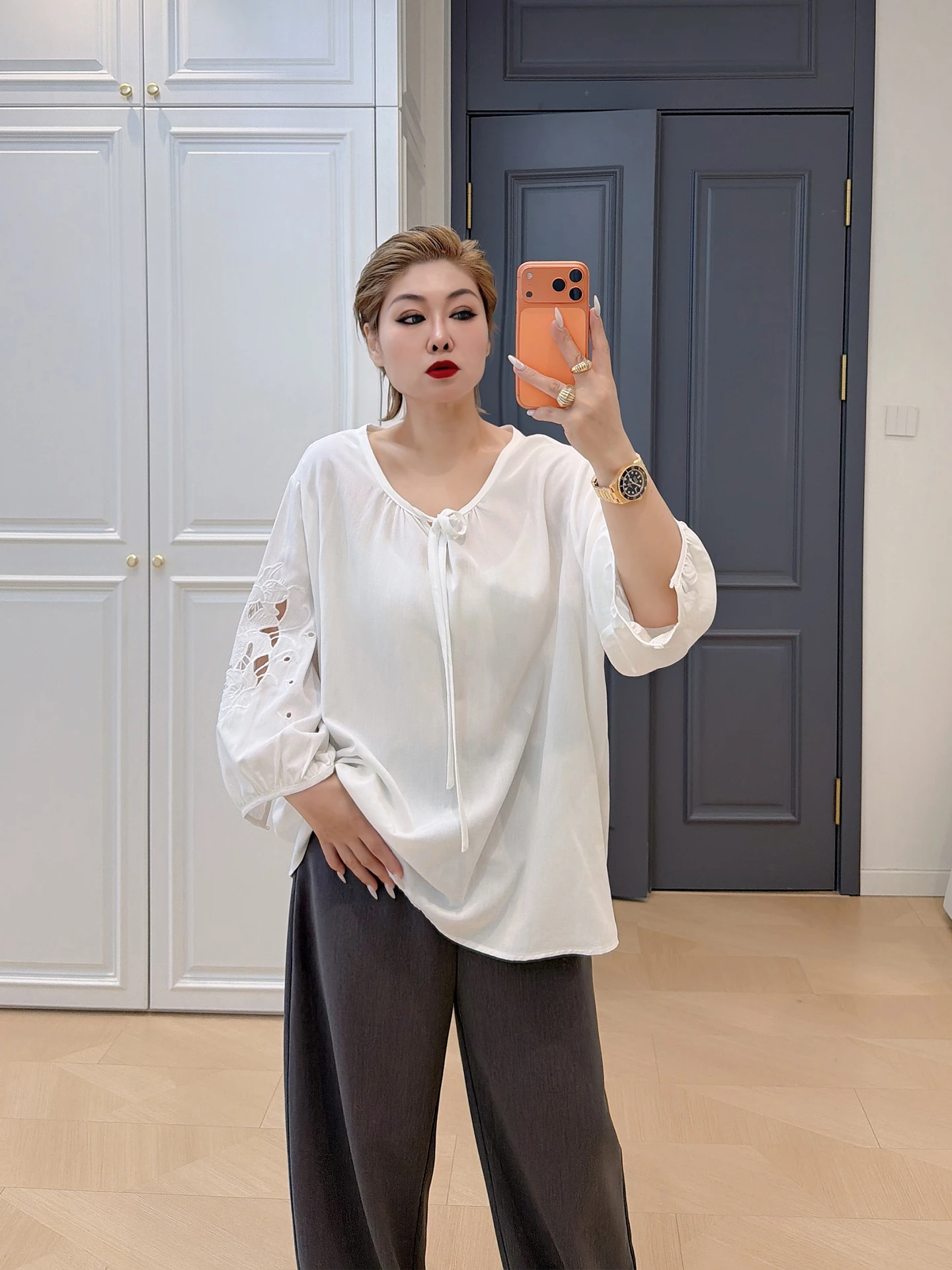 

French Sle Oversized Embroidered irt with Belt Large Size Women's Clothing Hollow out Long Sve Cotton Blend Spring irt