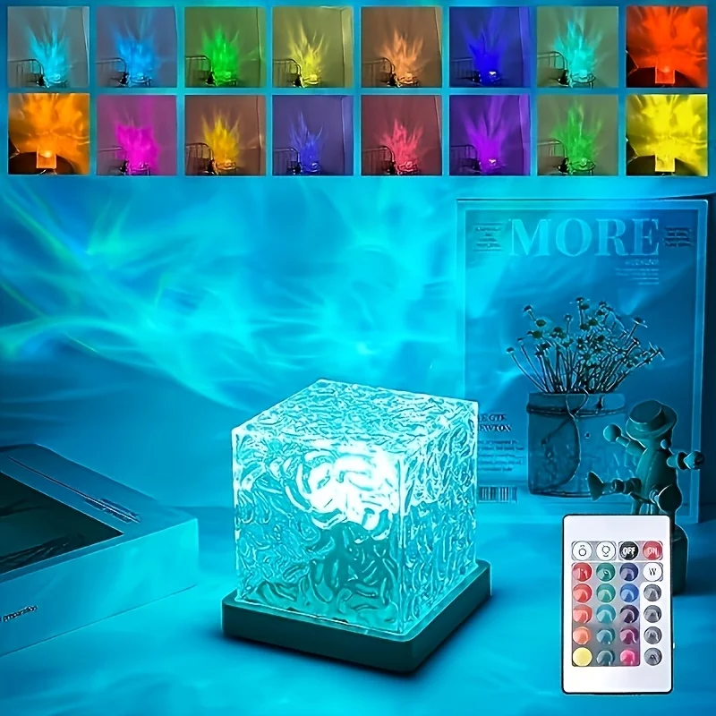 Water Ripples Lights Lamp Ocean Wave Aurora Projector Light 16Colors USB Plug Bedroom Decor with Remote Rotating Flame Nightligh