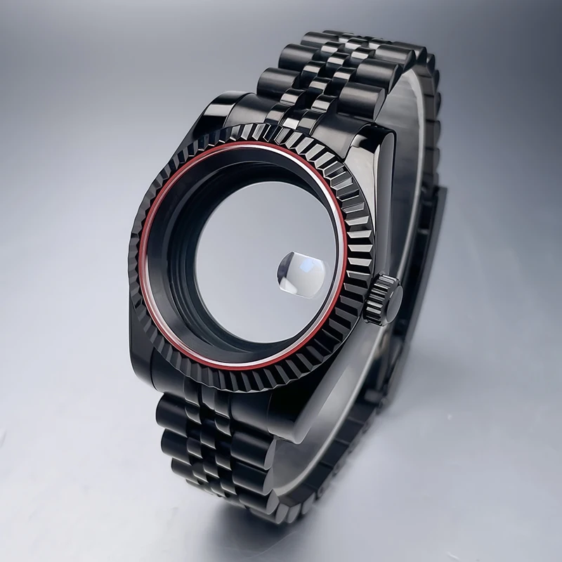 39mm DJ Full Black NH35 Case Fluted Bezel Sapphire Glass For Seik Mod Modification Part Fit NH35 NH36 Movement Steel Watch Case