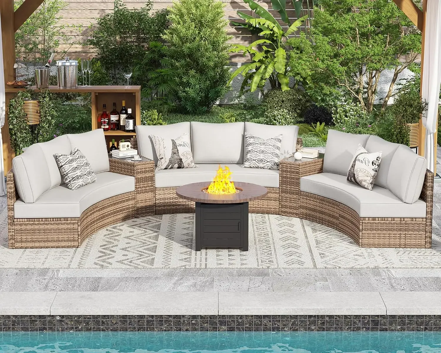 Patio Conversation Set,11 Piece Half-Moon Sectional Round Patio Furniture Set with Large Storage Wedge Table,for Backyard Garden