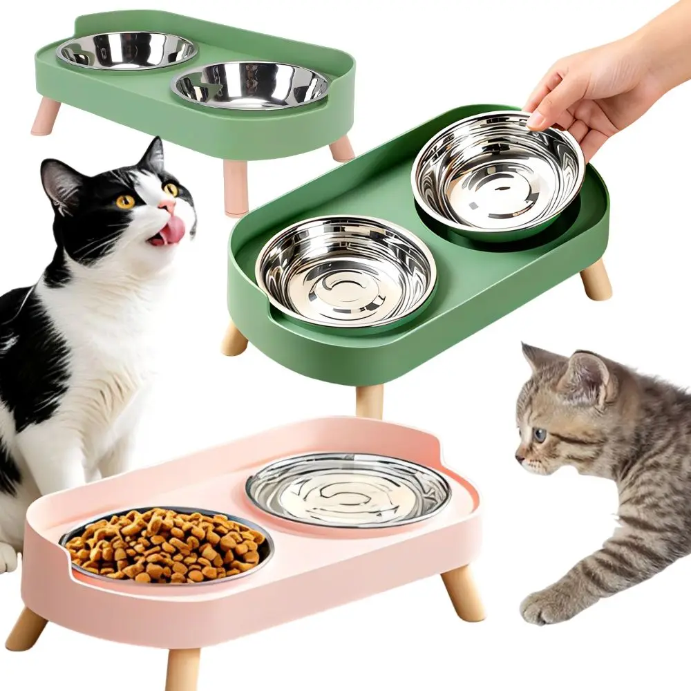 1 pièce Gamelles surélevées doubles en acier inoxydable vert/rose pour chatons et petits chiens, gamelle de nourrissage pour animaux de compagnie pour protéger le cou de l'animal YMY