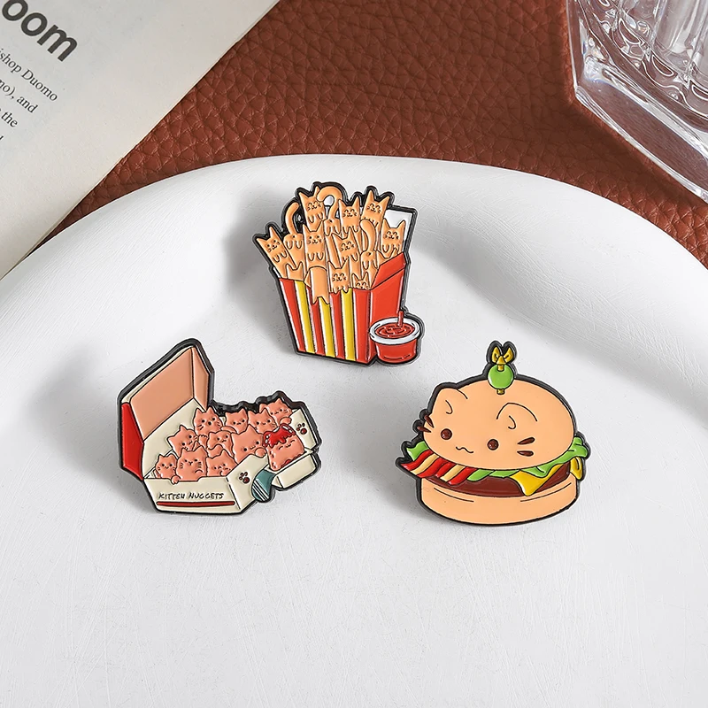 Fast Food Cat Enamel Pins Nuggets Hamburger French Fries Brooch Badge Backpack Lapel Pin Accessories Gift for Friends