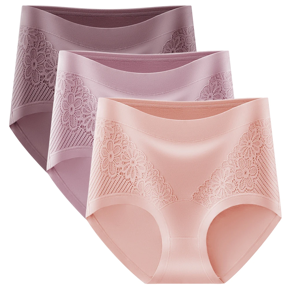 Image of 3-teilige Damen-Slips aus Baumwolle mit hoher Taille und Spitze, Bauchkontrolle, Po-Lifting, atmungsaktive Slips, antibakteriell, bequeme Unterwäsche