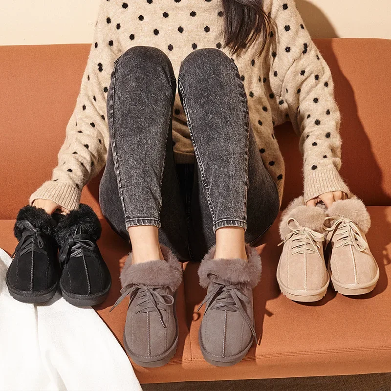 Zapatos planos de piel para mujer, mocasines de algodón antideslizantes, botas de nieve cálidas, zapatillas de felpa sin cordones, zapatos de