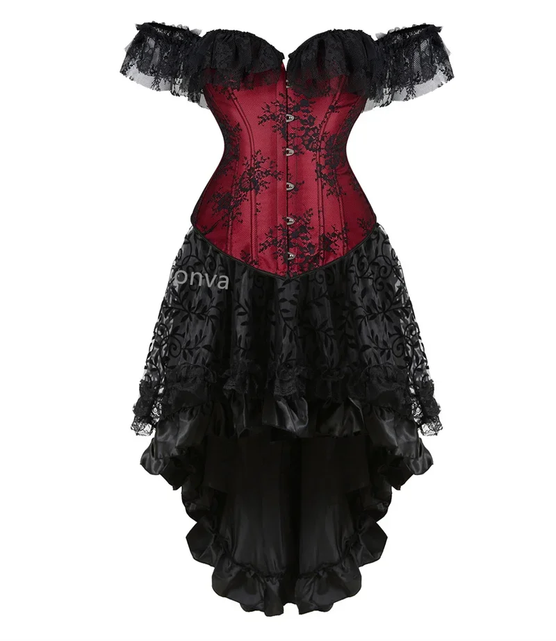 

Corset Dress Tutu Skrits Set Overbust With Lace Sleeved Costume Party Sexy Burlesque Basques Outfit Plus Size Vintage Black Red