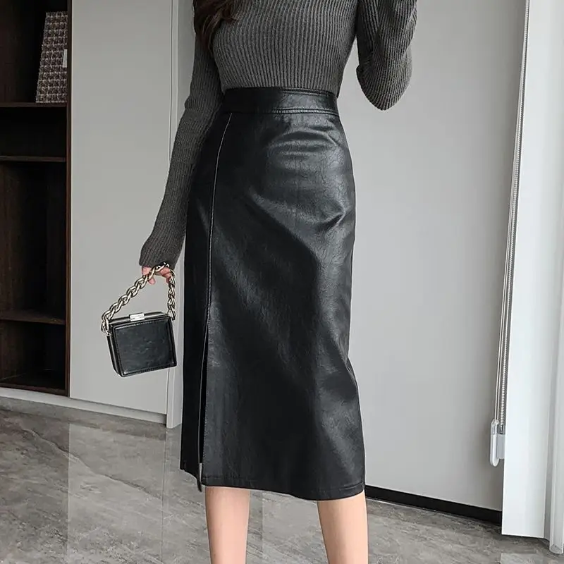 

Women Autumn Winter PU Leather Long Skirts Slim High Waist Fashionable All-match Split A-Line Midi Skirt Female 2024 New N82