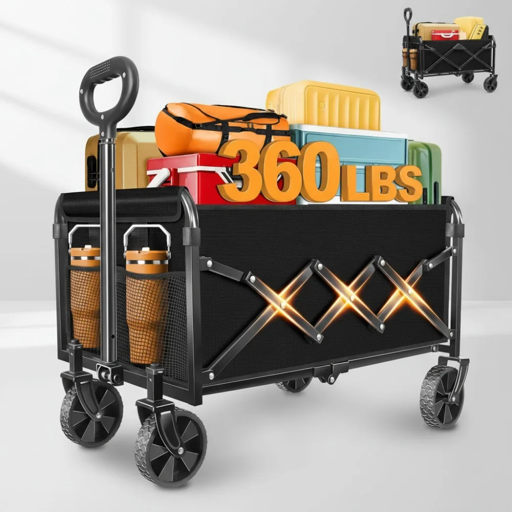 

Foldable Collapsible Wagon Cart with Wheels - Heavy Duty 360lbs Capacity for Camping, Sports, Groceries & Travel