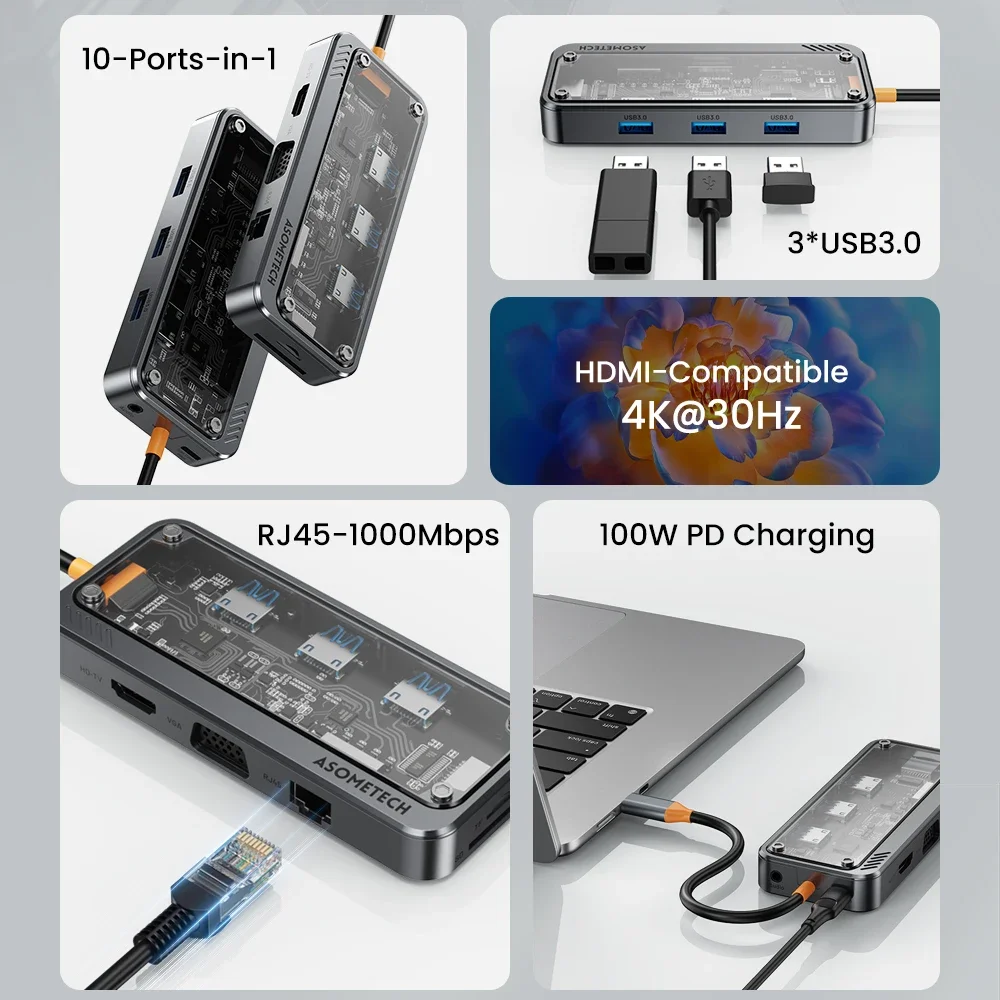 Imagem -02 - tipo c Hub Docking Station Usb c Hub 4k 30hz Hdmi Compatível Rj45 Pd100w Usb 3.0 Adaptador para Macbook Ipad Steam Deck pc 10 em