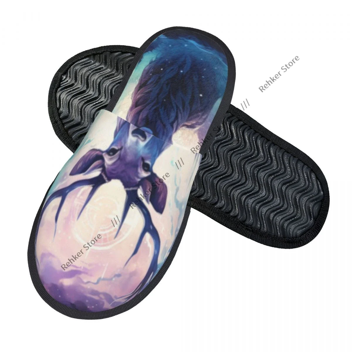 Home Slippers Indoor Bedroom Slipper Deer In The Forest At Night With Moon Stars Flip Flops Autumn Winter Furry Plush Shoes
