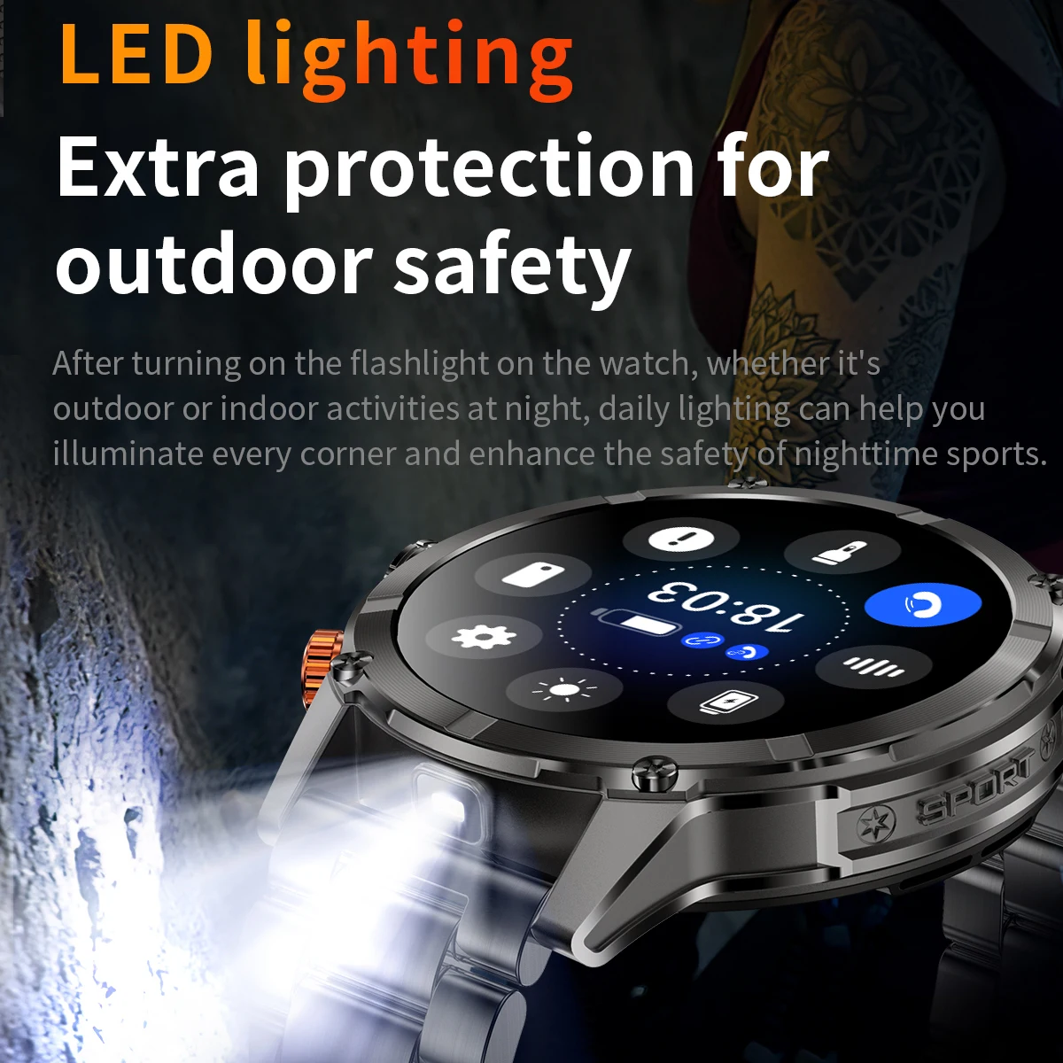 1.7 "الرجال الرياضة في الهواء الطلق اللياقة البدنية مصباح يدوي بلوتوث دعوة ساعة ذكية معدل ضربات القلب معلومات تذكير مقاوم للماء Smartwatch