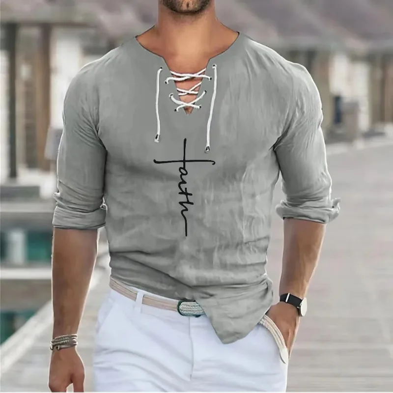 

Spring Summer New Men's Long Sleeves Cotton Linen Shirt V Neck Lace-up Print Loose Tops Male Tees Shirt Beach Casual Pullover