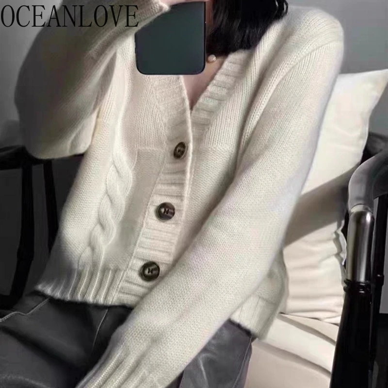 

OCEANLOVE Short Cardigans Woman V Neck Solid Autumn Winter Simple Sweaters Korean Fashion Vintage Loose Sueter Mujer