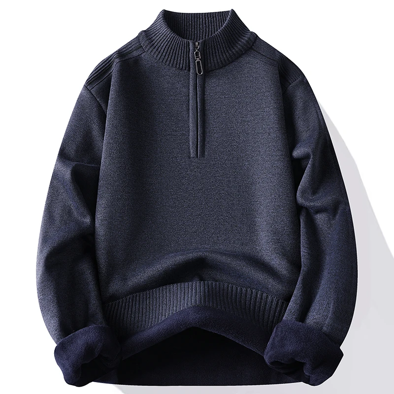 Winter Fleece Knit Solid Color Half Zipper Knitted Sweater Men Fashion Stand Collar Smart Casual Mens Warm Pullover Sweaters