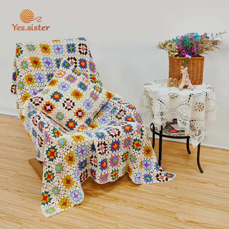 Customized Granny Square Boho Cotton Knitted Bed Sofa Knit Plush Throw Crochet Blankets In Bulk For Home Decor