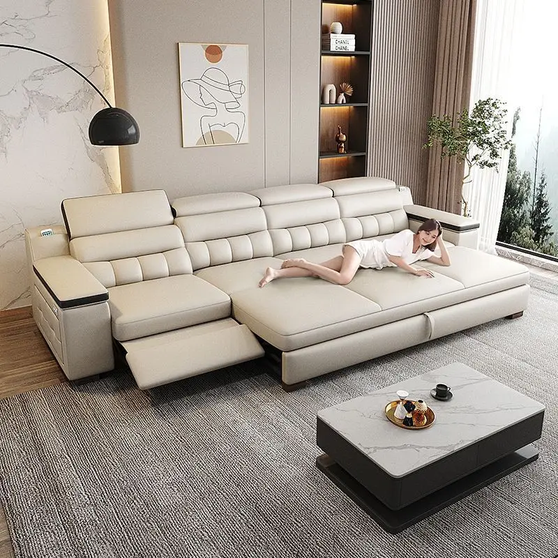 Electric Italian modern simple living room household first layer cowhide multi-functional sofa bed