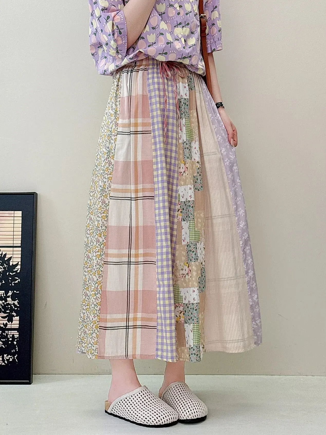 Japanese Sweet Mori Girl Vintage Floral Print Plaid Patchwork Cotton Skirts Women Summer Elastic Waist Casual Loose A-Line Skirt