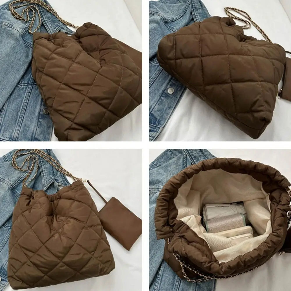 Tas Selempang Gaya Korea dengan Tali Serut, Motif Kotak-kotak, Kapasitas Besar, Tas Jinjing Berlapis Kapas, Tas Empuk Warna Solid