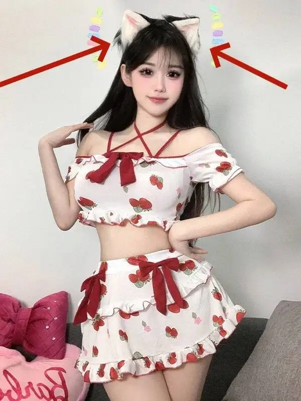 Korean Style New Sexy Uniform Student Strawberry Printing Short Sleeve Top Bow Short Skirt Set Campus Students JK Uniform F4TC