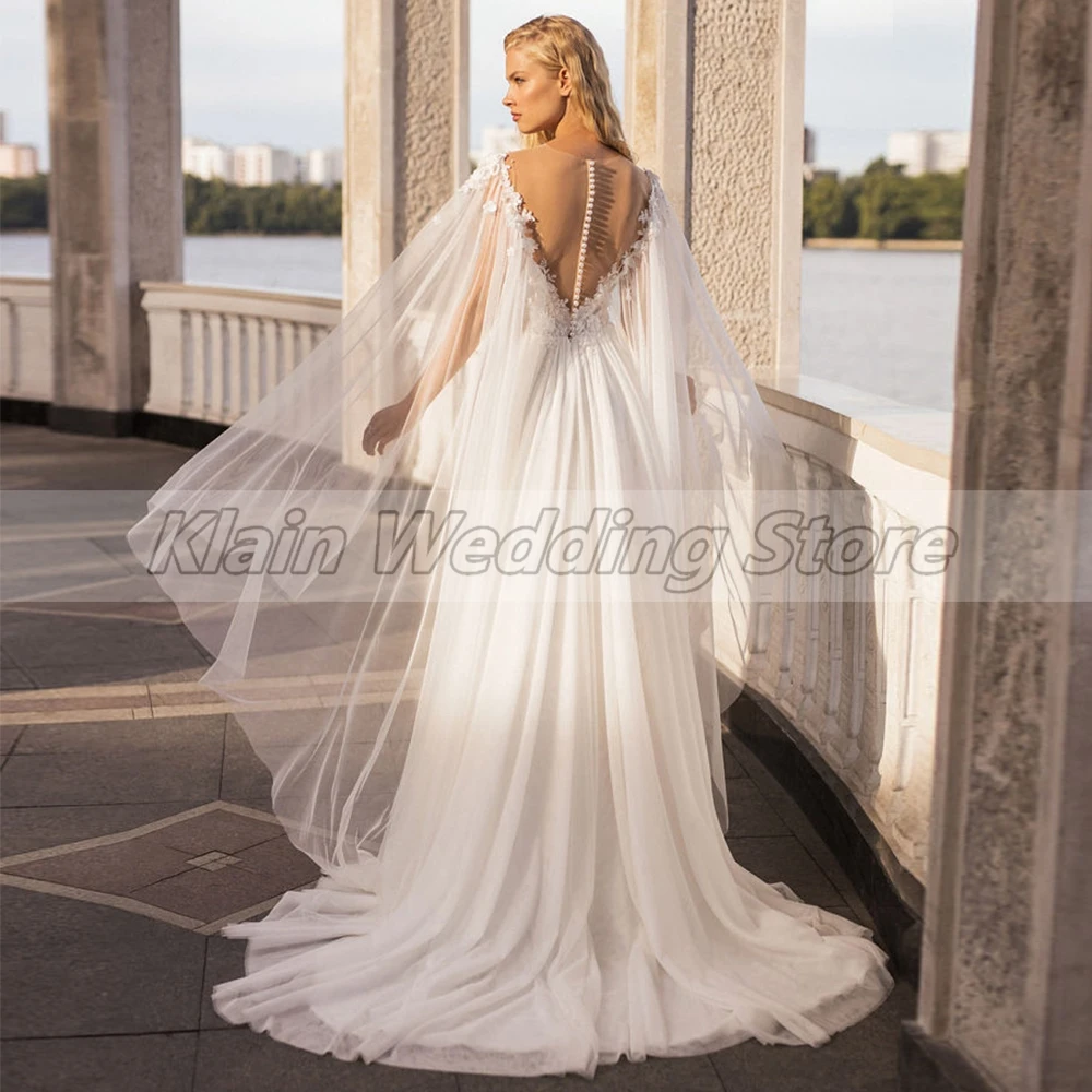 Customized Women Sleeveless Illusion V-Neck Beach Wedding Dresses For Brides Chic Side Slit Court Train Appliques Bridal Gown Ve