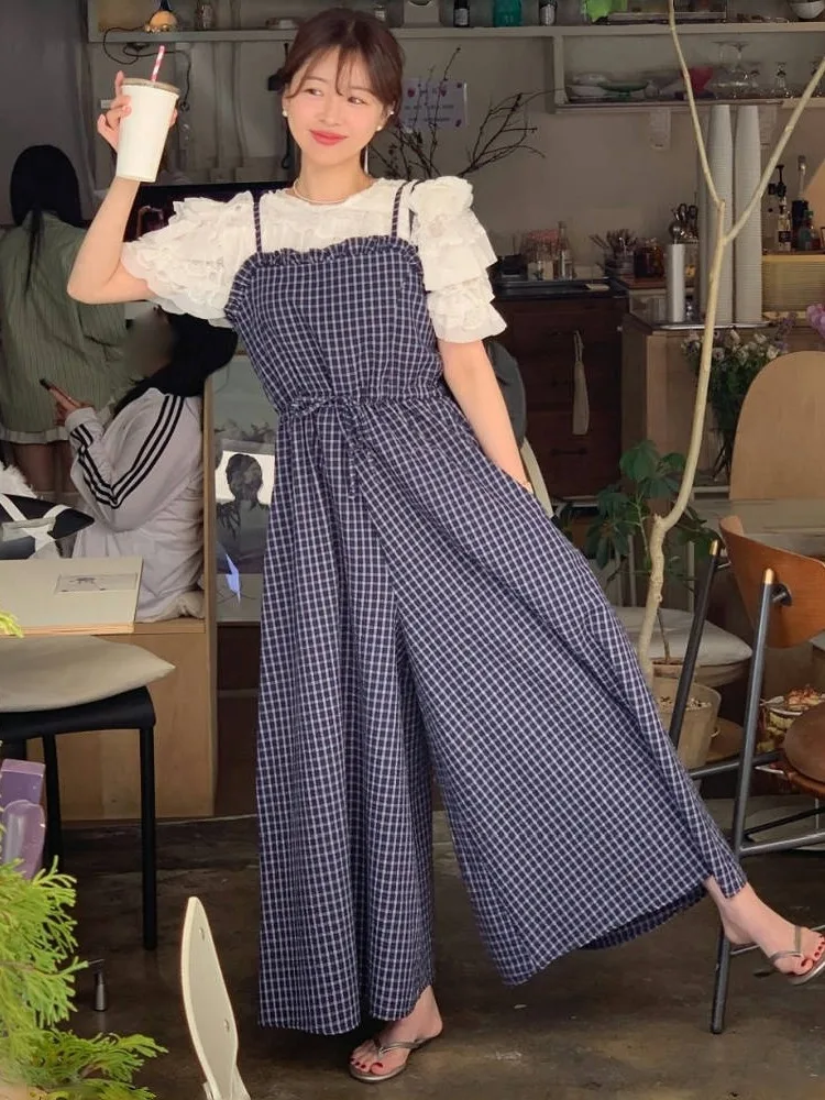 

Retro Elegant Plaid Belted Waist Wide Leg Jumpsuit Women's Fashion Wooden Ear Casual Spring Autumn Winter Suit