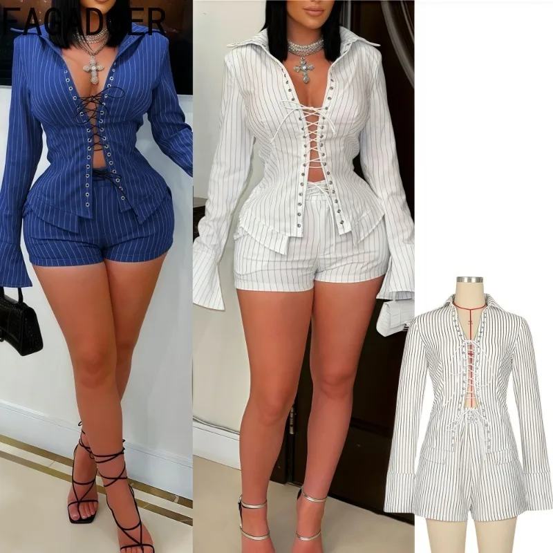 

FAGADOER Sexy Stripe Patchwork 2 Piece Sets Woman Outfit Bandage Flare Sleeve Crop Top + Shorts Suit Female Streetwear Clothing