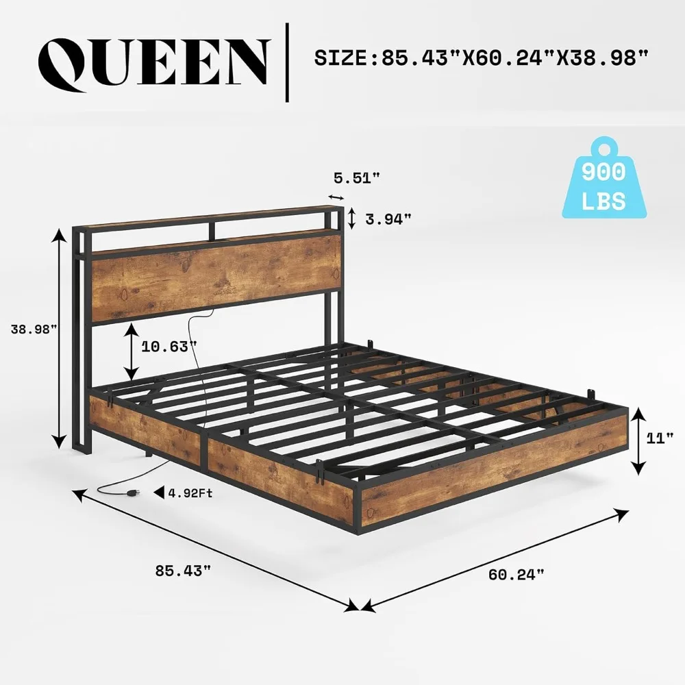 Queen Size Floating Bed Frame with 2-Tier Storage Headboard, Metal Bed Frame with Charging Station & LED Lights, No Box Spring