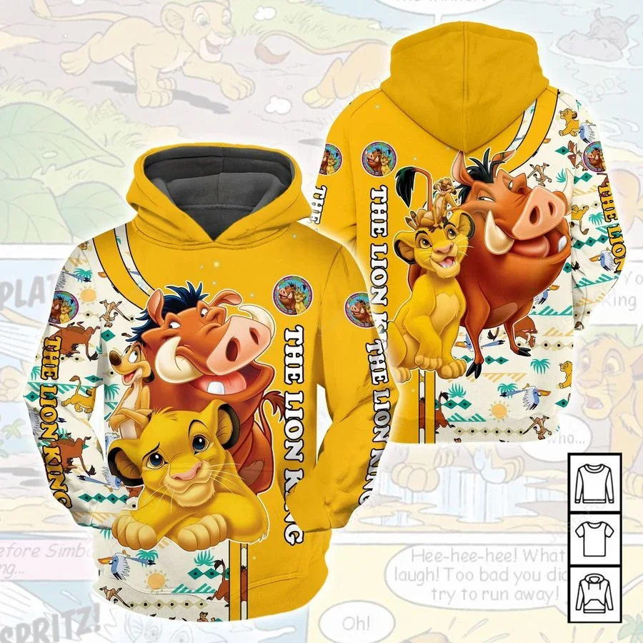 2024 Disney Simba Lion King 3d Men and Women Hoodie Cartoon the Lion King Disney Over Print 3d Boys and Girls Zip Hoodie