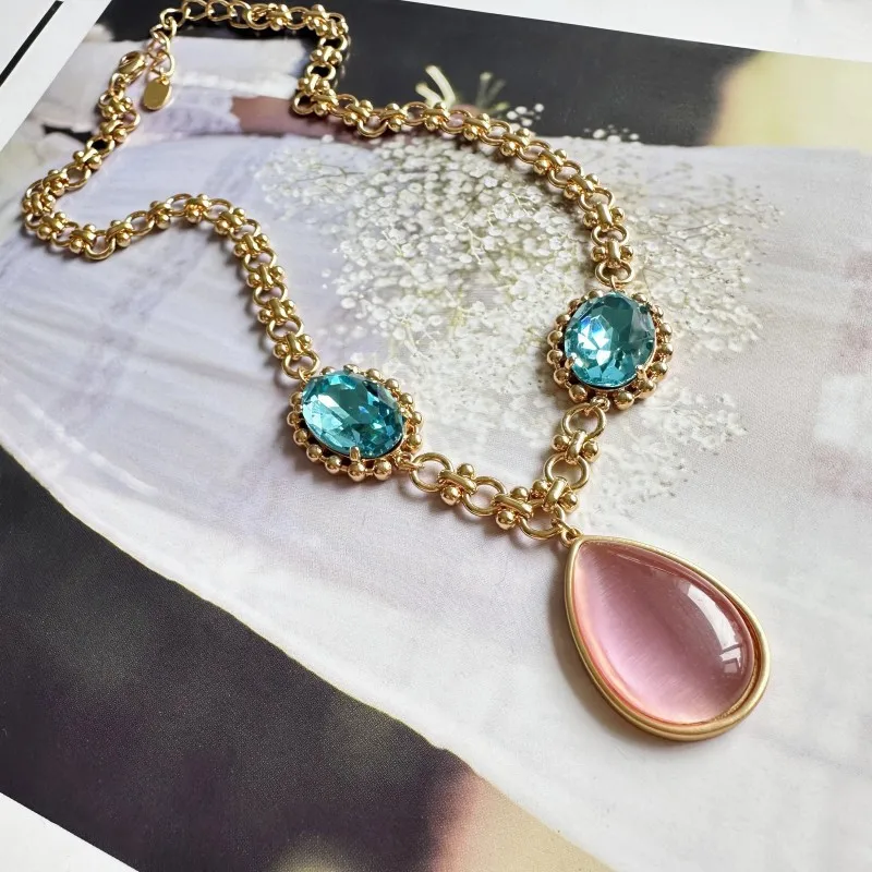 

Dainty Floral Chain Necklace with Aqua Glass Teardrop & Pink Cat Eye Stone, Elegant Blush Jewelry Sweet Feminine Gift
