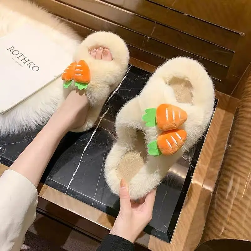 2022 NEW Design Girl House Furry Slippers Women Cross Fluffy Fur Home Slides Flat Indoor Floor Shoes Ladies Flip Flops