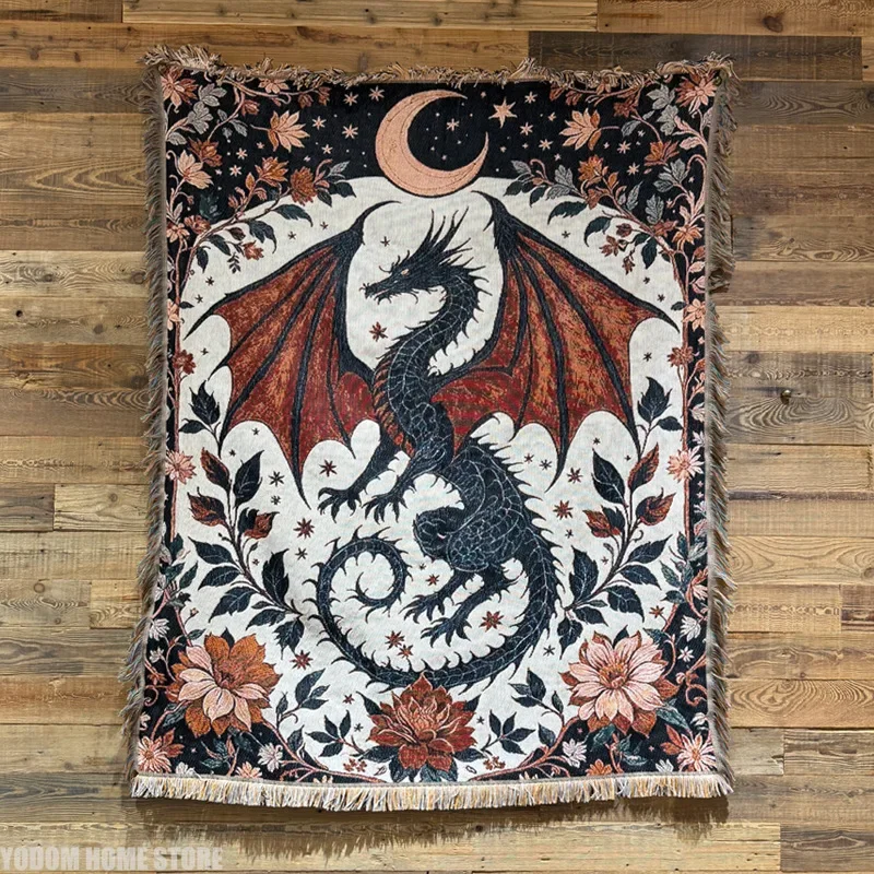Flannel Cosplay Blanket Retro Europe Style Black Dragon Red Floral 130x160cm Sofa Lunch Break Decorative Tapestry Home Textile