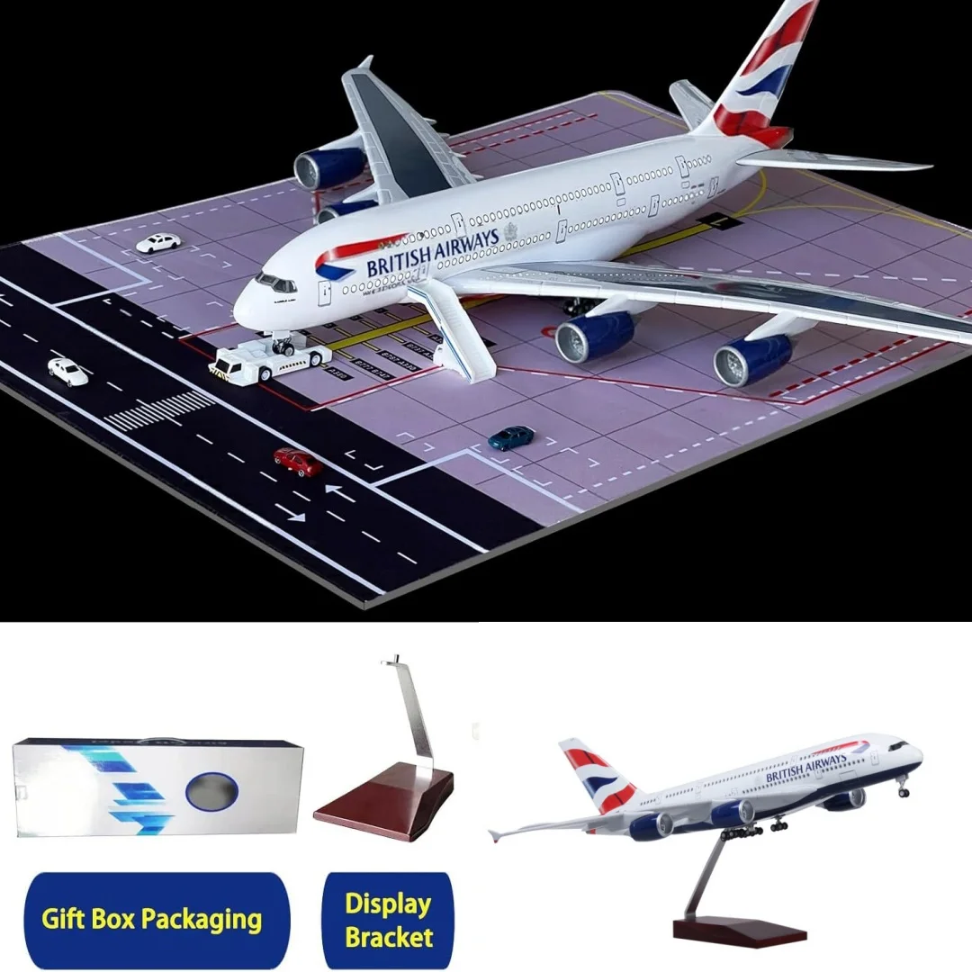Model A380 47cm British Airways Plane Diecast Resin Aircraft 1/160 Scale With Light & Wheels Home Decor Airplane Ornament