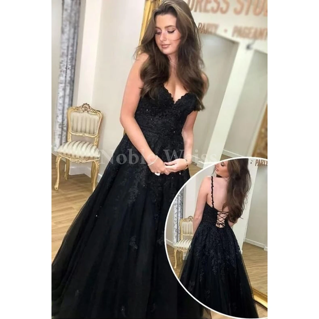 Abito da ballo in tulle Abito lungo con scollo a V Applicazioni con spalline Abito da sera Una linea Abiti da ballo formali per donna Personalizzati