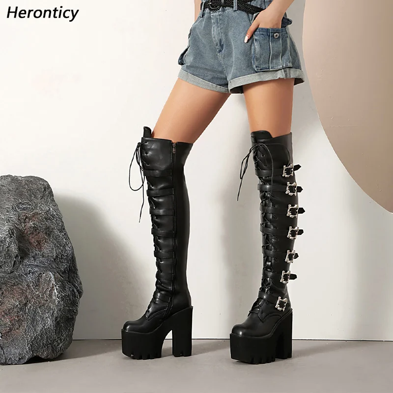 Heronticy, botas personalizadas con hebilla de tacón grueso, calzado gótico con cordones de charol negro para mujer, hecho a mano, talla 36-44