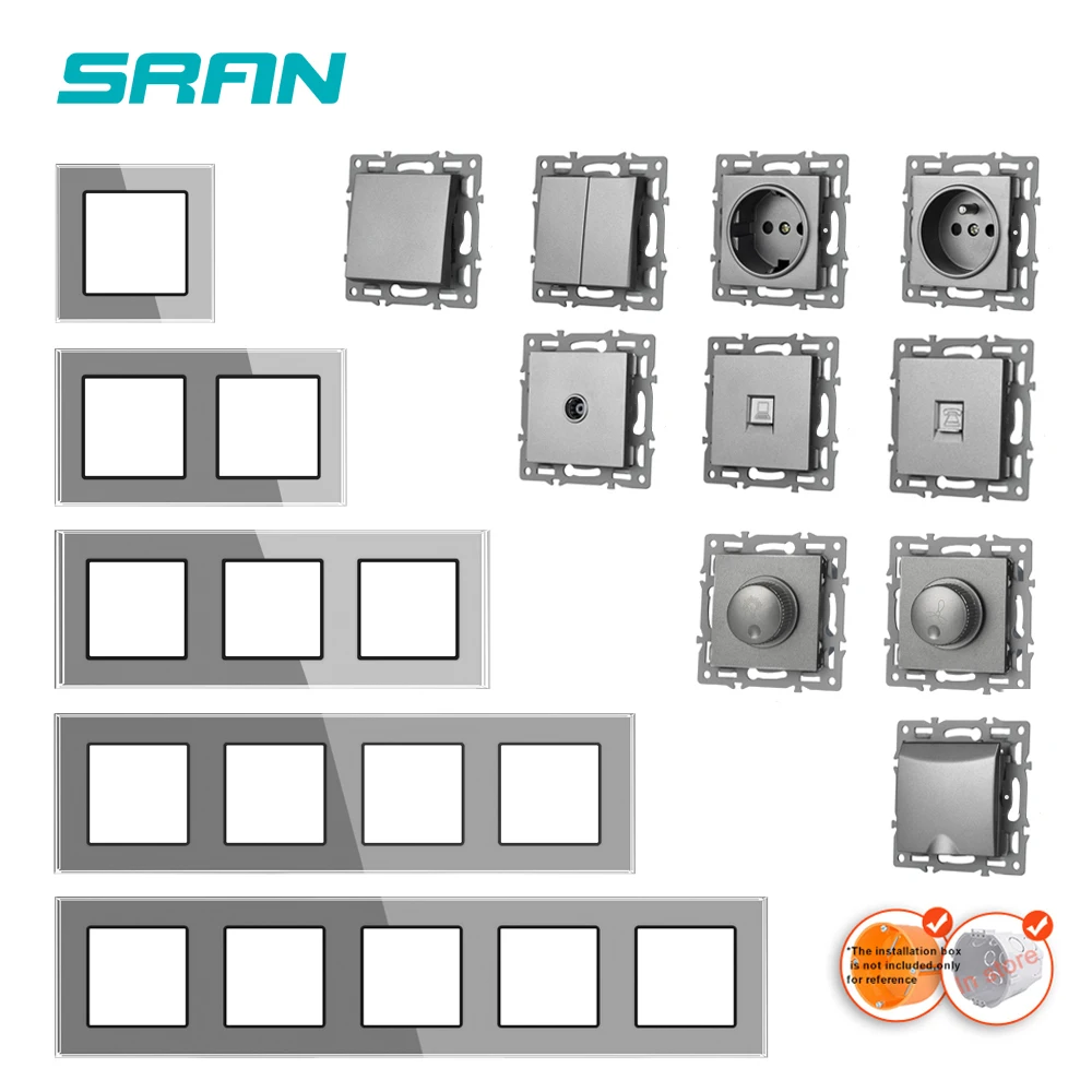 Pannello in vetro temperato grigio SRAN, presa a muro francese ue e interruttore della luce, presa con usb, modulo Rj45/TV/SAT fai da te