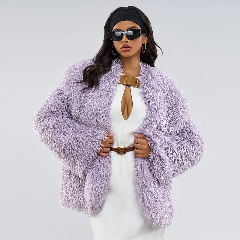 

Big Lapel Short Faux Fox Fur Jacket Women Winter Plush Coat Long Sleeves Streetwear Artificial Fluffy Jacket 2024 Teddy Overcoat