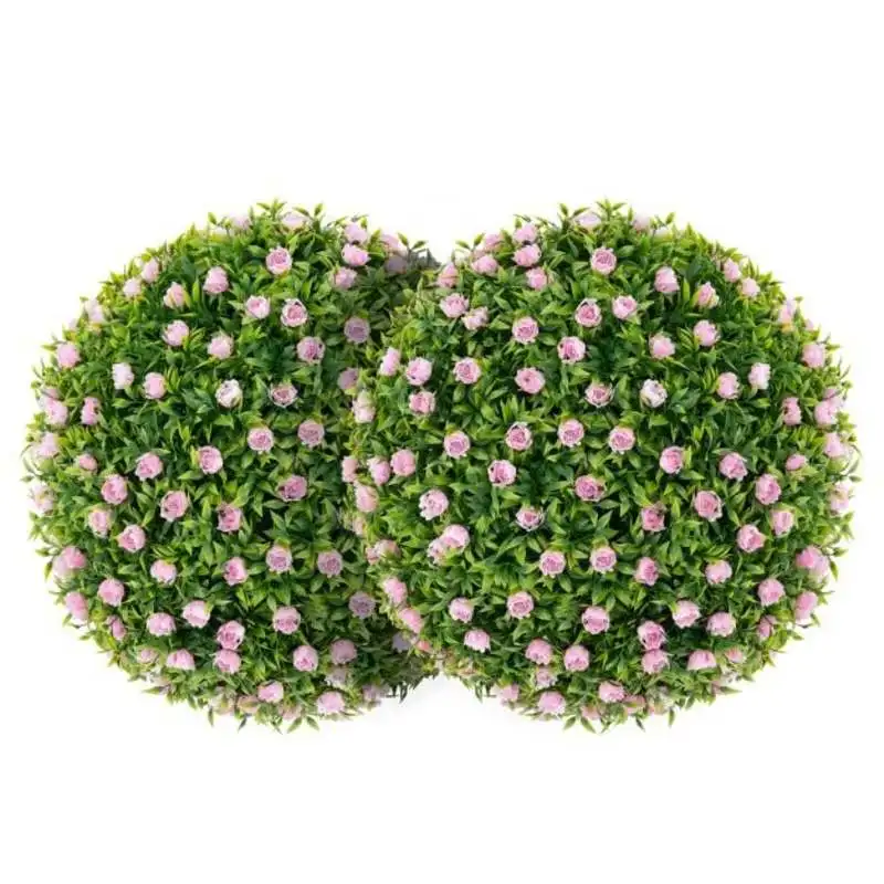 2 PCS Artificial Plant Topiary Balls 17.5 Inch Faux Decorative Balls with Pink Flowers