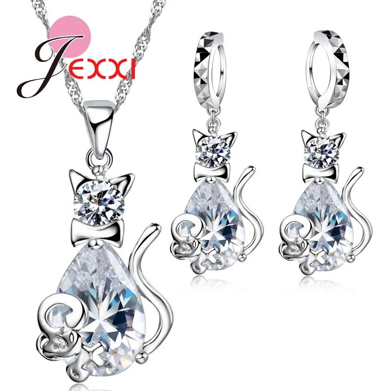 New Classic White Cat & Mouse Jewelry Sets 925 Sterling Silver CZ AAA Cubic Zirconia Crystal Mother Day's Gift Jewelry Sets
