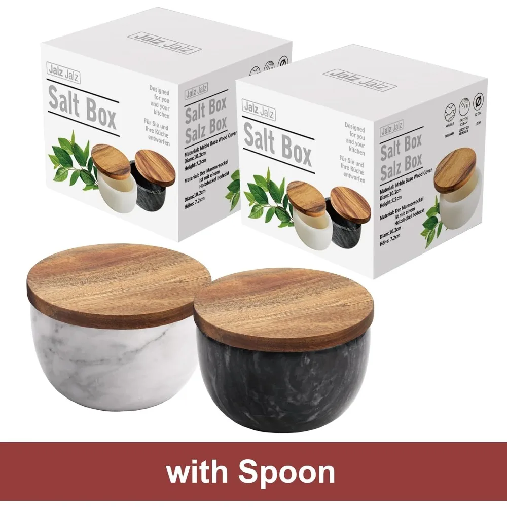 Marble Salt and Pepper Bowls Salt Box Salt Cellar Set solid natural Wood Cover large capacity box gift packing