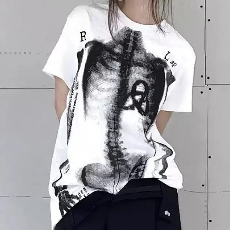 Y2K women clothing arcane stitch Bone Print and Millennial Punk Rock Short Sleeve T-shirt Men's and Fashion Loose Couple Tops